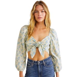 Mable‎ Cottage Embroidered Eyelet Puff Sleeve Tie Front Smocked Crop Top Sz L